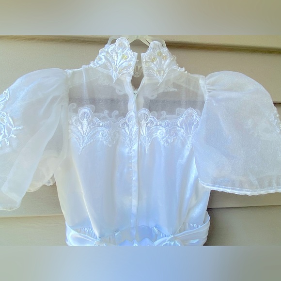 Vintage Sz-6 Long Flower Girl Wedding Dress, Elegant White Satin w/Bustle & Bow - Picture 8 of 16